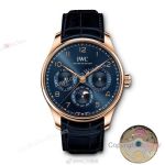 High Quality Replica IWC Dark Blue Genuine Leather Strap Dark Blue Face Dial Rose Gold Stainless Steel Case Watch 42mm